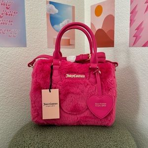 Juicy Couture Faux Fur FREE LOVE Hot Pink Satchel Crossbody Bag TikTok Viral
